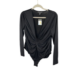 Primark Womens BodySuit Long Sleeve Low Plunge Black Size L Polyester Blend